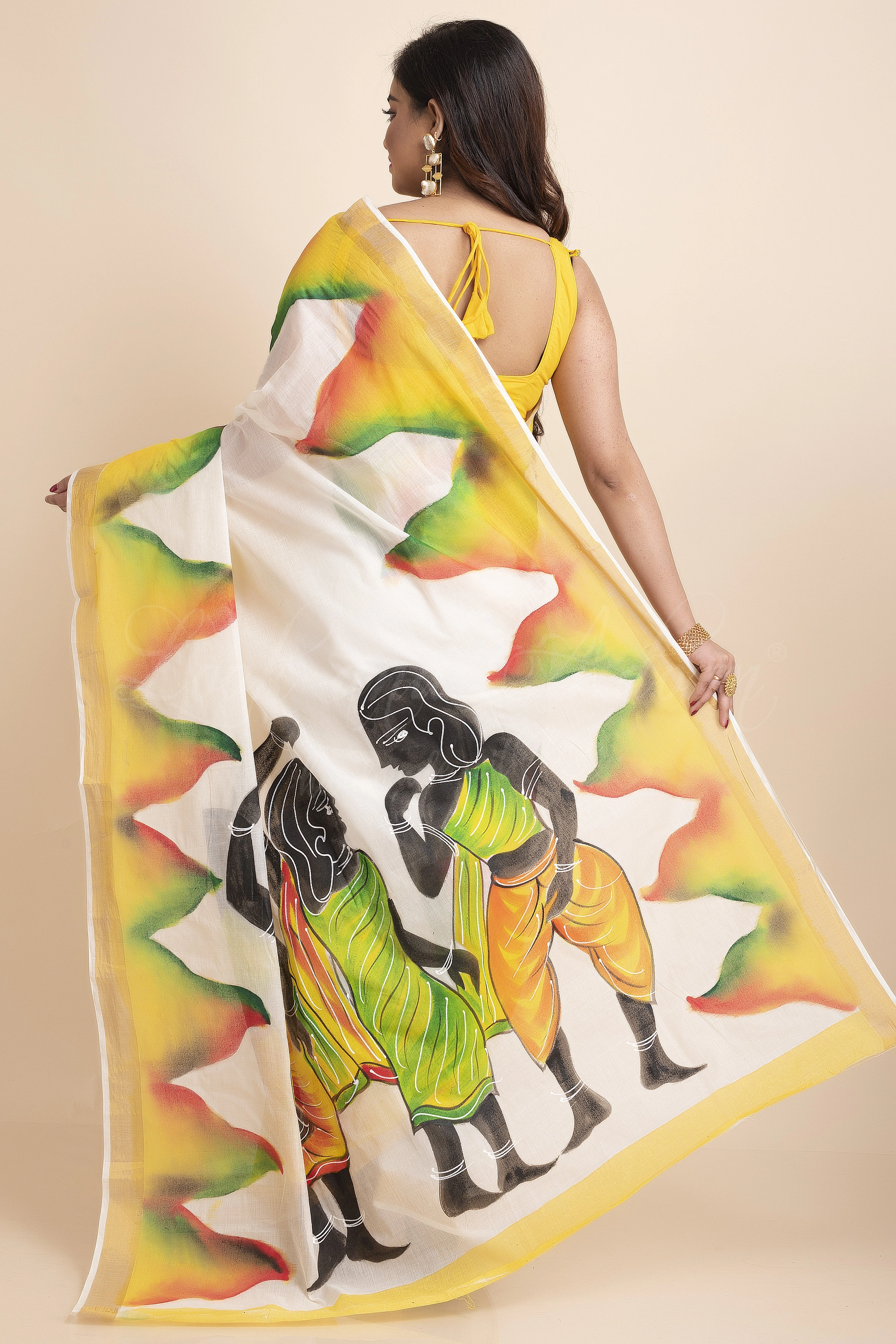 Yellow Hand Painted Tribal Village Kasavu Kerala Cotton Saree with Blouse Piece-Yellow-Free-Cotton-Female-Adult-1