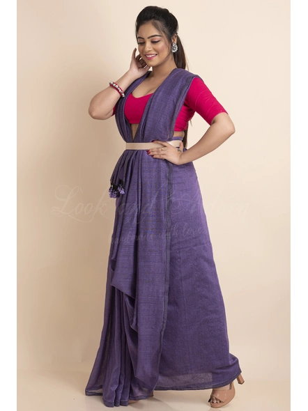 Violet Mercerized Handloom Cotton Saree with Blouse Piece-Violet-One Size-Cotton-Female-Adult-Sari-2