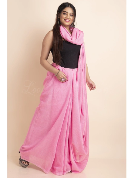 Rose Pink Mercerized Handloom Cotton Saree with Blouse Piece-Pink-One Size-Cotton-Female-Adult-Sari-2