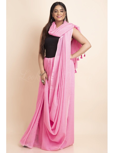 Rose Pink Mercerized Handloom Cotton Saree with Blouse Piece-Pink-One Size-Cotton-Female-Adult-Sari-3
