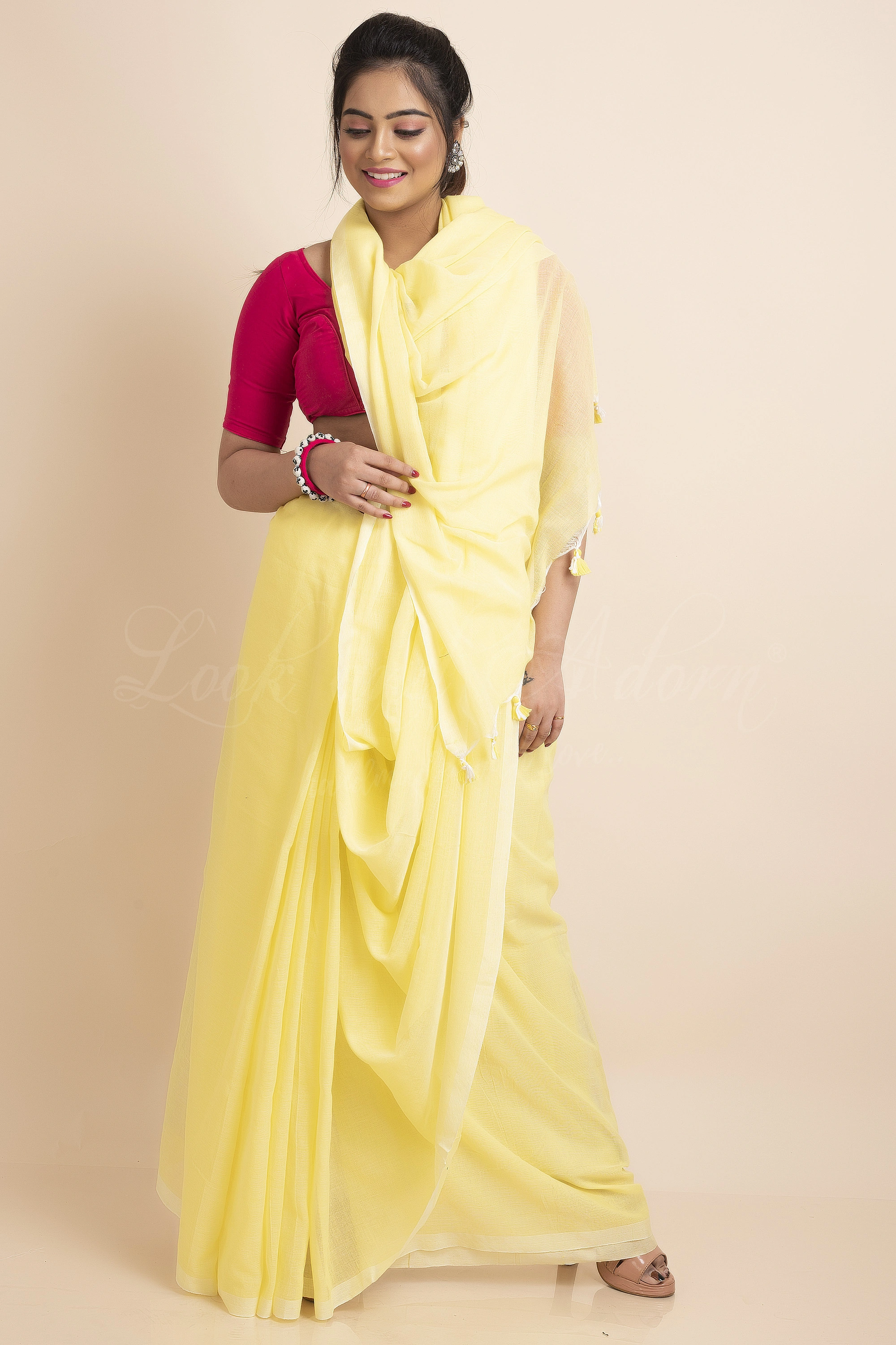 Lemon Yellow Mercerized Handloom Cotton Saree with Blouse Piece-LAAMHCWBP032