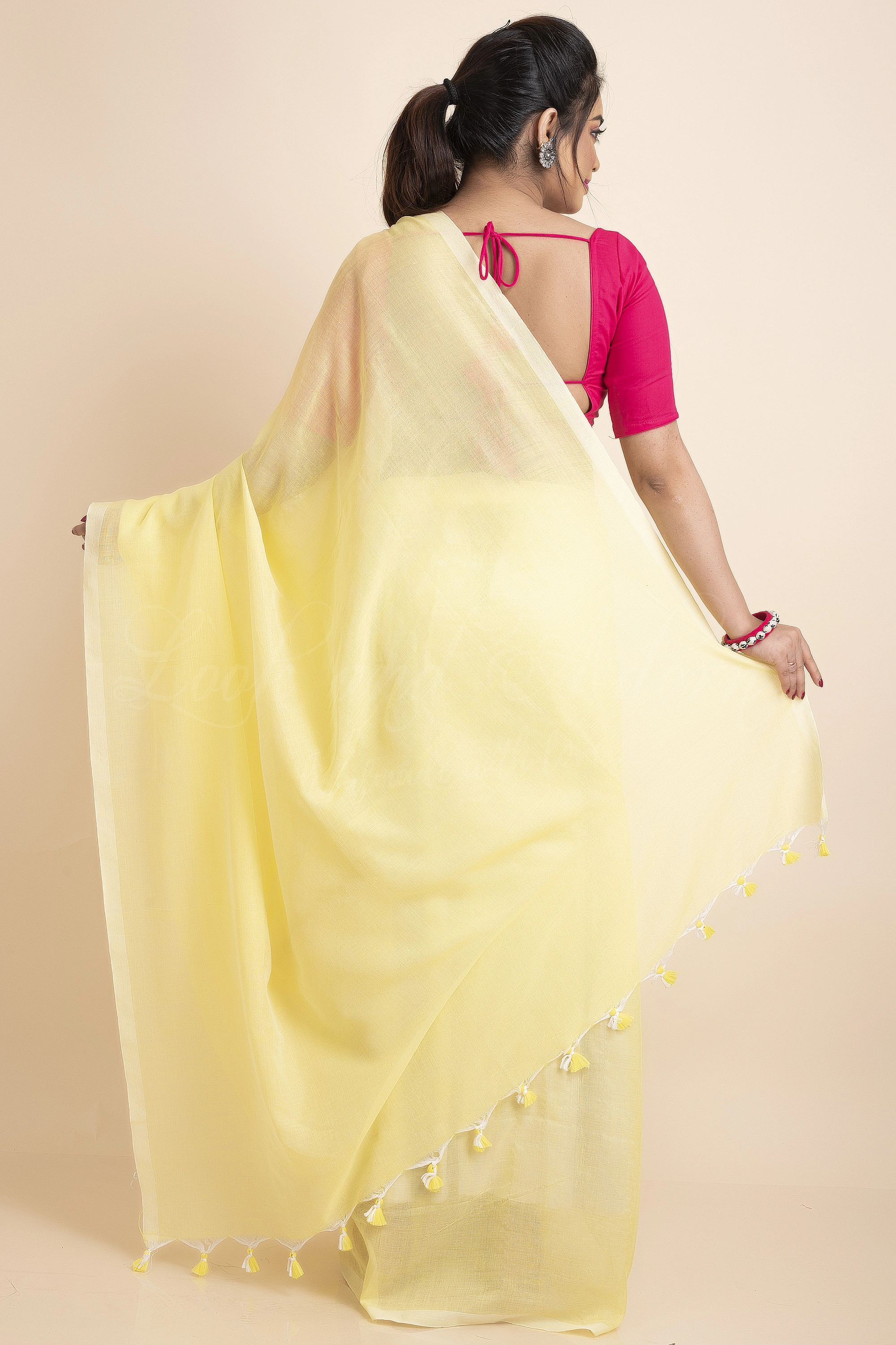 Lemon Yellow Mercerized Handloom Cotton Saree with Blouse Piece-Lemon Yellow-One Size-Cotton-Female-Adult-Sari-1