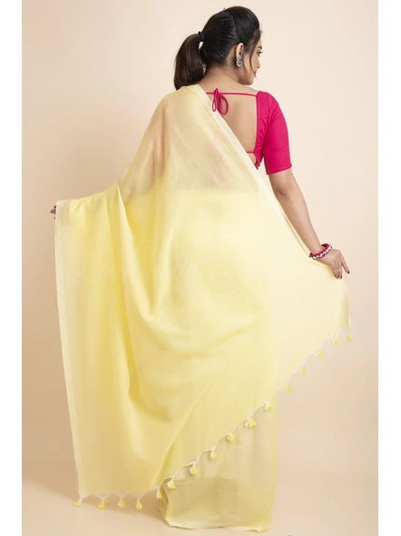 Lemon Yellow Mercerized Handloom Cotton Saree with Blouse Piece-Lemon Yellow-One Size-Cotton-Female-Adult-Sari-1