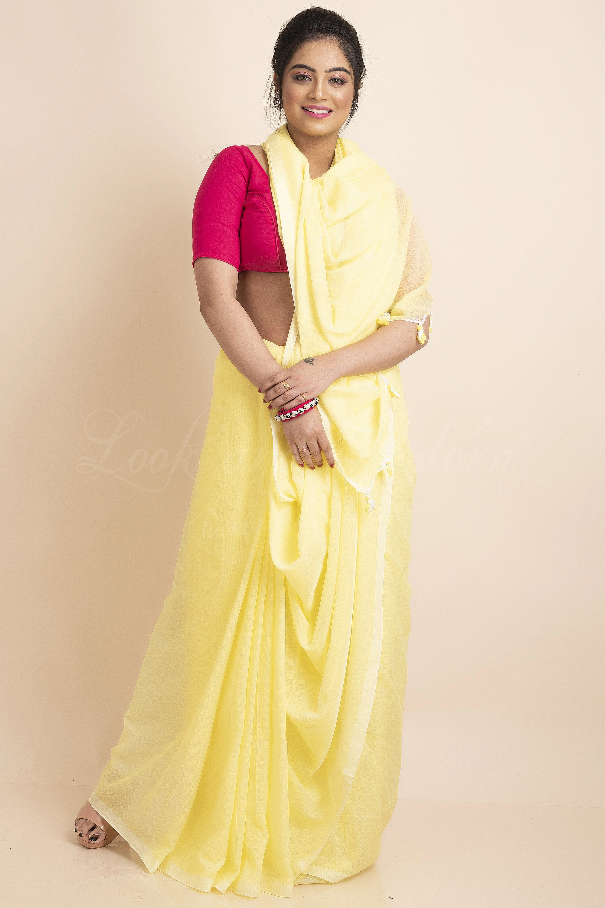 Lemon Yellow Mercerized Handloom Cotton Saree with Blouse Piece-Lemon Yellow-One Size-Cotton-Female-Adult-Sari-2