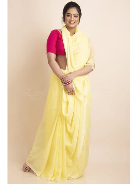 Lemon Yellow Mercerized Handloom Cotton Saree with Blouse Piece-Lemon Yellow-One Size-Cotton-Female-Adult-Sari-2