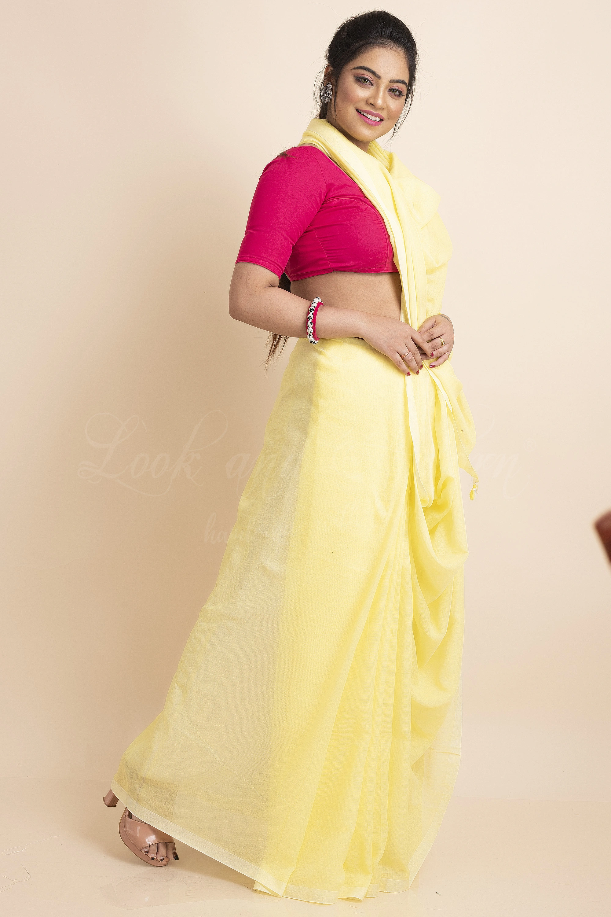 Lemon Yellow Mercerized Handloom Cotton Saree with Blouse Piece-Lemon Yellow-One Size-Cotton-Female-Adult-Sari-3