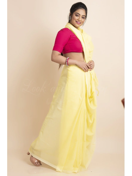 Lemon Yellow Mercerized Handloom Cotton Saree with Blouse Piece-Lemon Yellow-One Size-Cotton-Female-Adult-Sari-3