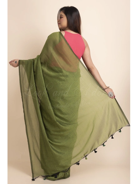 Moss Green Mercerized Handloom Cotton Saree with Blouse Piece-Moss Green-Free-Khadi Cotton-Female-Adult-1