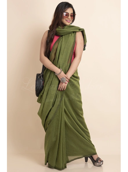 Moss Green Mercerized Handloom Cotton Saree with Blouse Piece-Moss Green-Free-Khadi Cotton-Female-Adult-2