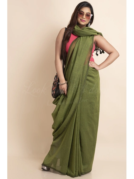 Moss Green Mercerized Handloom Cotton Saree with Blouse Piece-Moss Green-Free-Khadi Cotton-Female-Adult-3