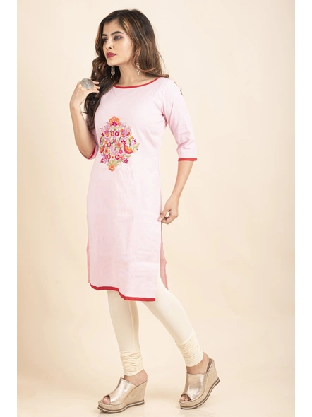 Light Pink Cotton Kurti with Embroidery-pink-Medium-Cotton-Adult-Female-1