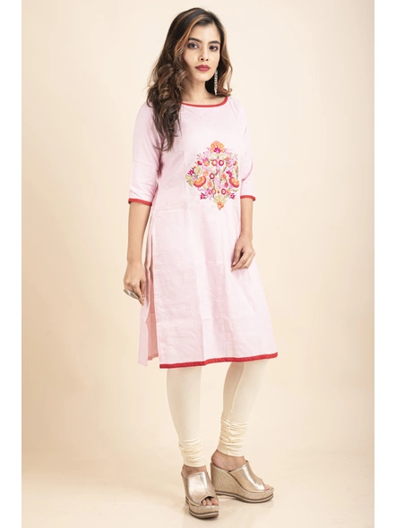Light Pink Cotton Kurti with Embroidery-pink-Medium-Cotton-Adult-Female-2