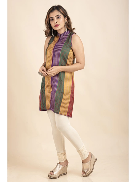 Multicolor Bold Stripe Front open Kurti-Multi-color-Medium-Cotton-Silk-Adult-Female-1