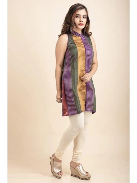 Multicolor Bold Stripe Front open Kurti-Multi-color-Medium-Cotton-Silk-Adult-Female-2