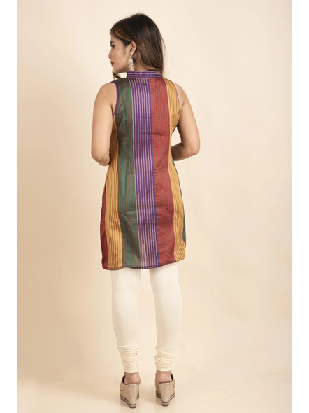 Multicolor Bold Stripe Front open Kurti-Multi-color-Medium-Cotton-Silk-Adult-Female-3
