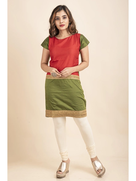 Red &amp; Green Kurti with Golden Lacework-LAASGD26