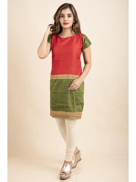 Red &amp; Green Kurti with Golden Lacework-Red &amp; Green-Medium-Cotton-Silk-Adult-Female-1