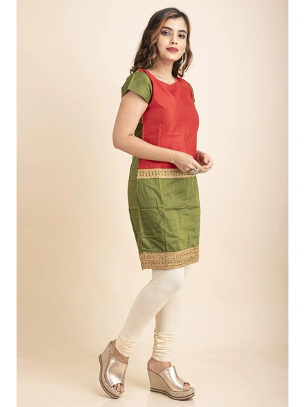 Red &amp; Green Kurti with Golden Lacework-Red &amp; Green-Medium-Cotton-Silk-Adult-Female-3