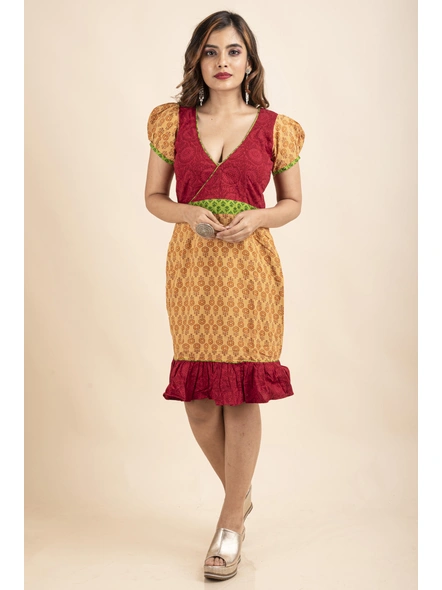 Floral Printed Red Green and Beige Dress-Red Geen &amp; Beige-Medium-Cotton-Adult-Female-1
