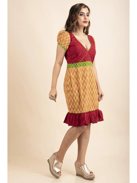 Floral Printed Red Green and Beige Dress-Red Geen &amp; Beige-Medium-Cotton-Adult-Female-3