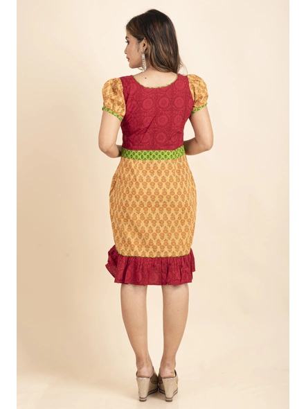 Floral Printed Red Green and Beige Dress-Red Geen &amp; Beige-Medium-Cotton-Adult-Female-4