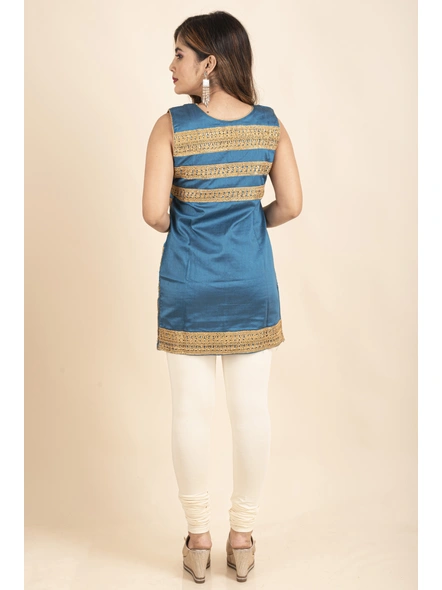 Blue Tunic Kurti with Golden Lace work-Blue-Medium-Cotton-Silk-Adult-Female-2