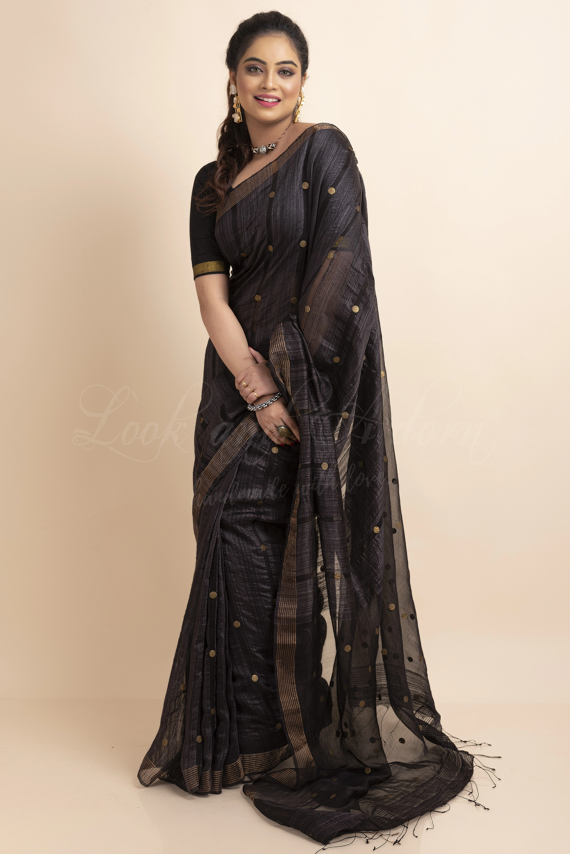 Black Handwoven Handspun Pure Matka Resham Golden Gini Saree with Blouse Piece-LAAHMRGS001