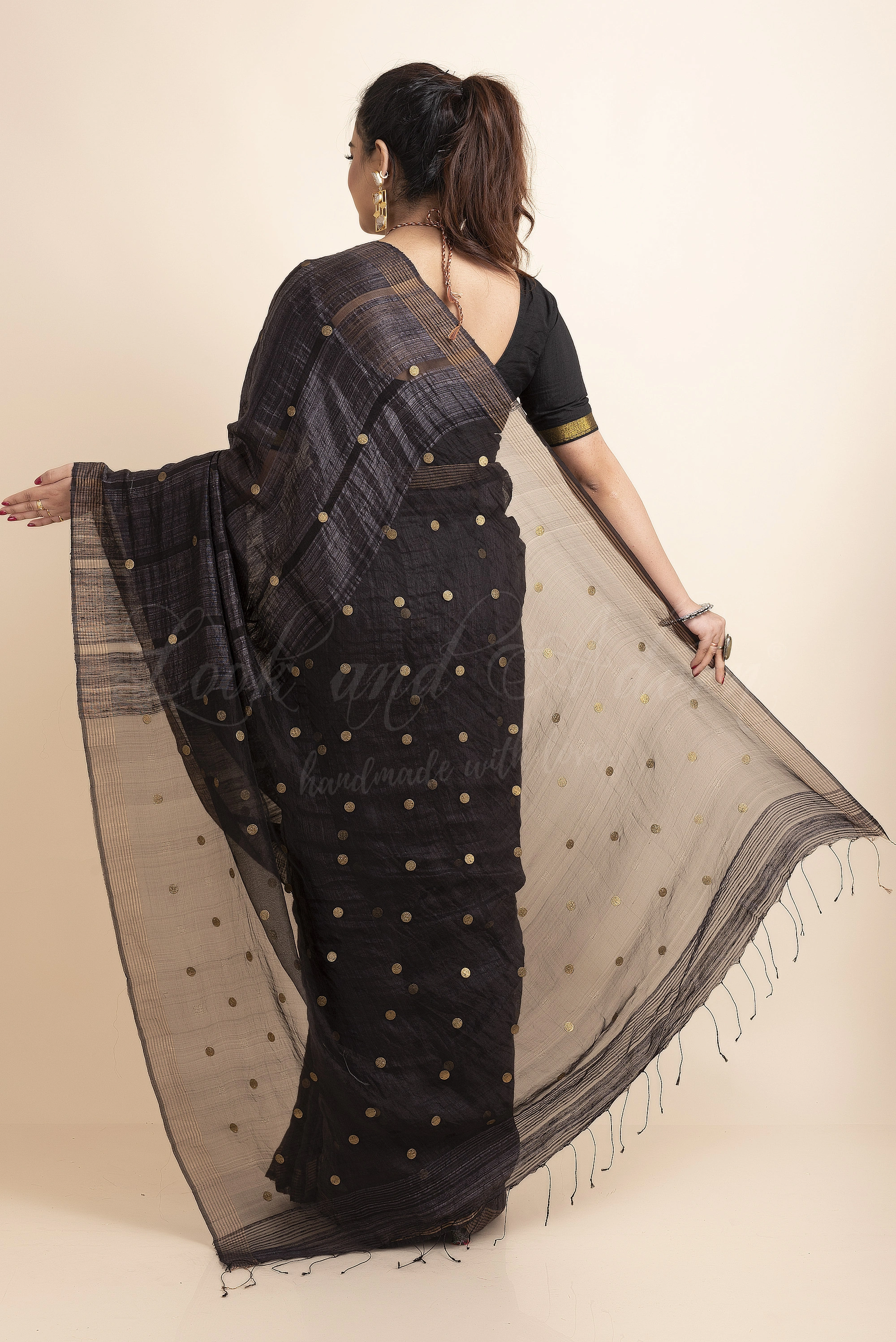 Black Handwoven Handspun Pure Matka Resham Golden Gini Saree with Blouse Piece-Black-Free-Resham Matka-Female-Adult-1