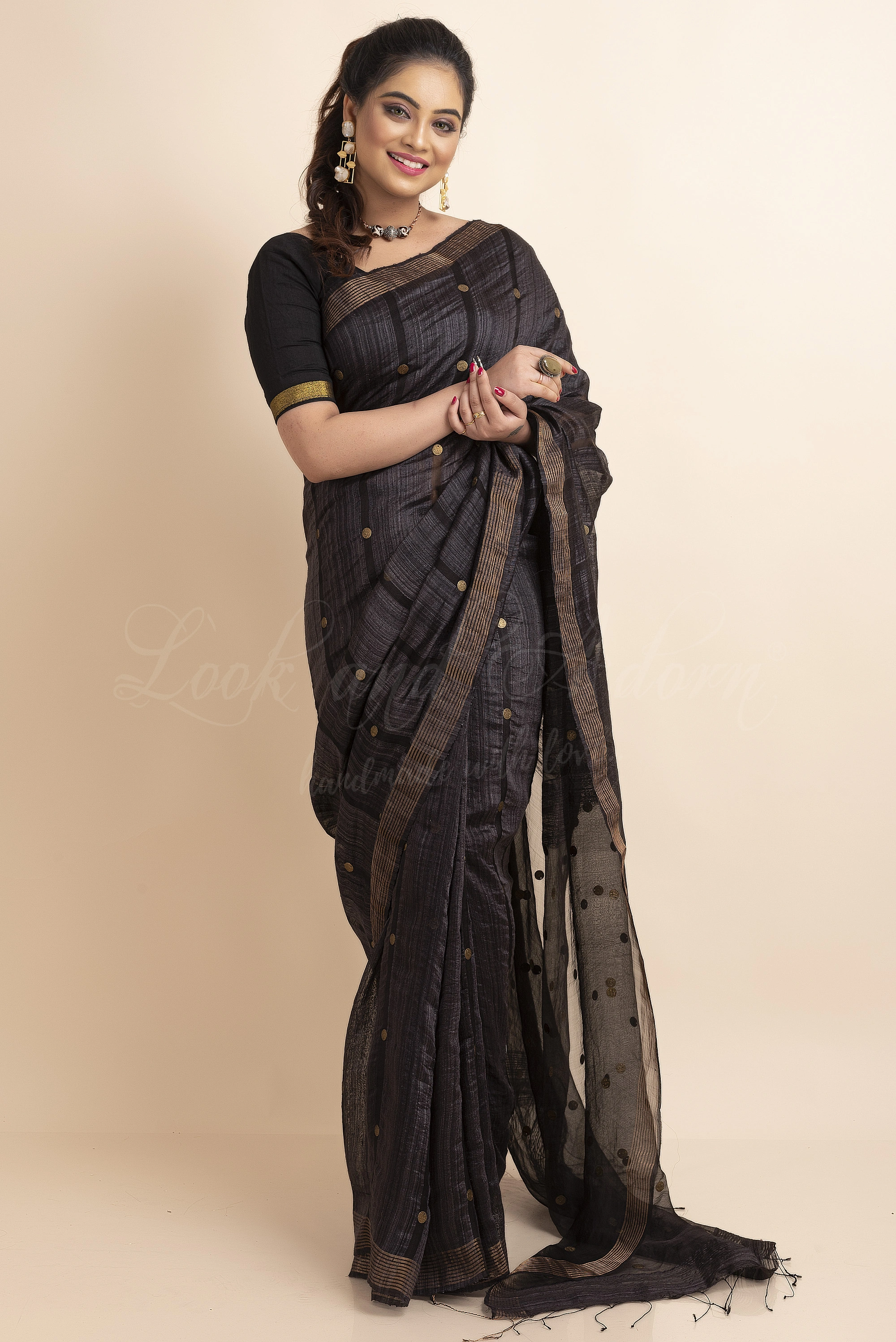 Black Handwoven Handspun Pure Matka Resham Golden Gini Saree with Blouse Piece-Black-Free-Resham Matka-Female-Adult-3