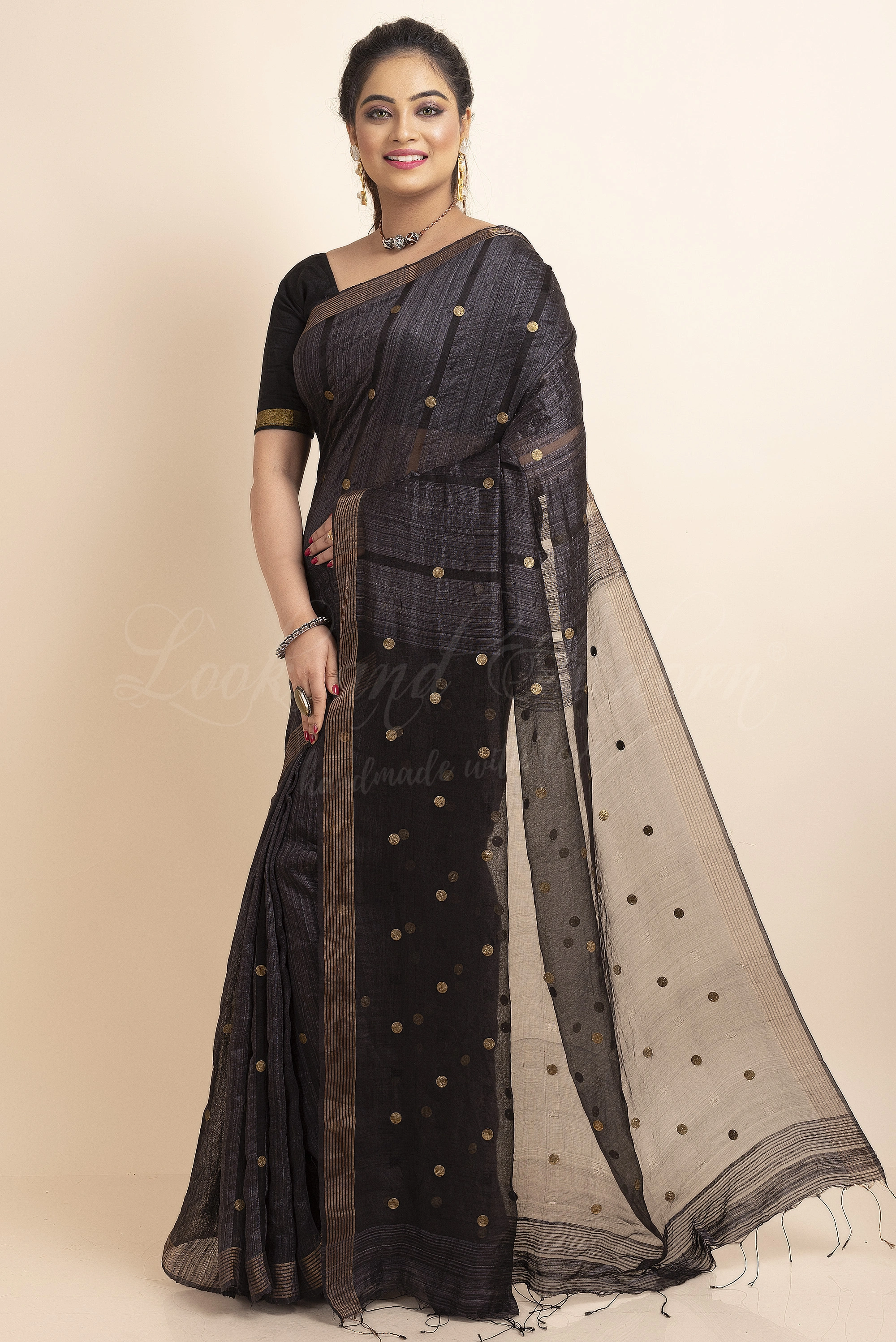 Black Handwoven Handspun Pure Matka Resham Golden Gini Saree with Blouse Piece-Black-Free-Resham Matka-Female-Adult-4