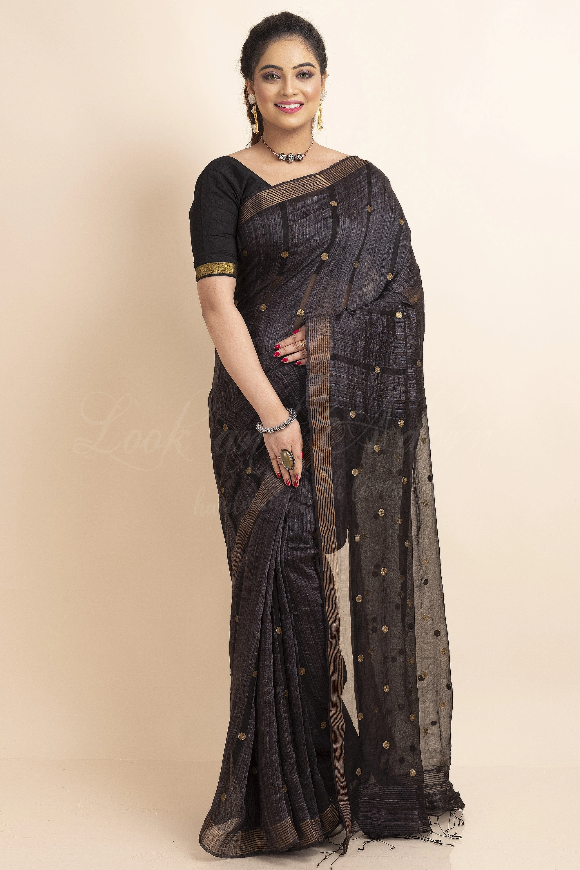 Black Handwoven Handspun Pure Matka Resham Golden Gini Saree with Blouse Piece-Black-Free-Resham Matka-Female-Adult-5