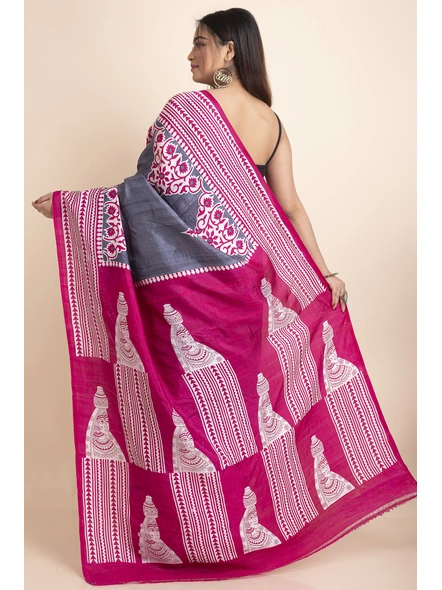 Grey Pink Village Women Print Murshidabad Pure Silk Saree with Blouse Piece-Grey-Pure Silk-Free-Female-Adult-1