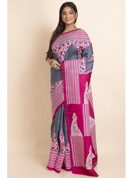 Grey Pink Village Women Print Murshidabad Pure Silk Saree with Blouse Piece-Grey-Pure Silk-Free-Female-Adult-2