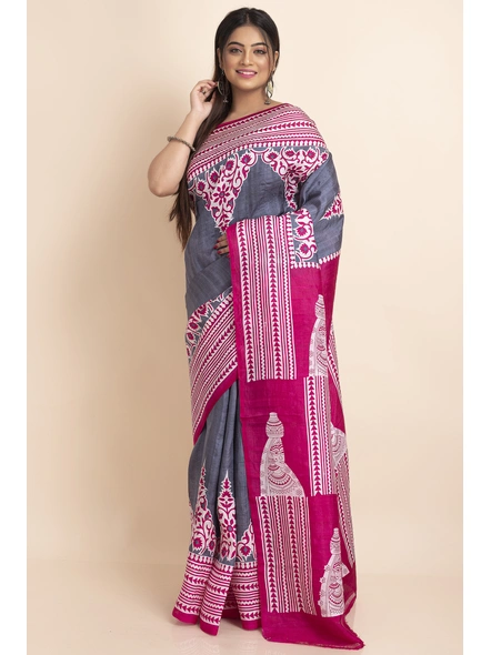 Grey Pink Village Women Print Murshidabad Pure Silk Saree with Blouse Piece-Grey-Pure Silk-Free-Female-Adult-3