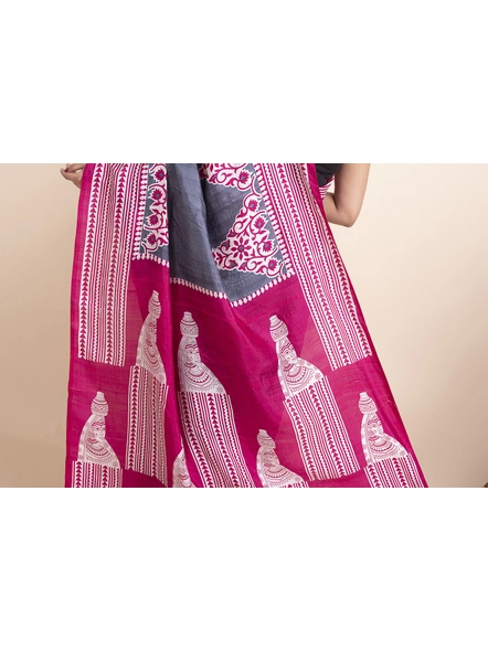 Grey Pink Village Women Print Murshidabad Pure Silk Saree with Blouse Piece-Grey-Pure Silk-Free-Female-Adult-4