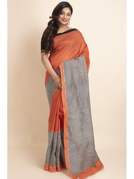 Orange Black Stripe Print Murshidabad Pure Silk Saree with Blouse Piece-BHAAT-SS-002