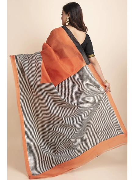 Orange Black Stripe Print Murshidabad Pure Silk Saree with Blouse Piece-Grey-Pure Silk-Free-Female-Adult-1
