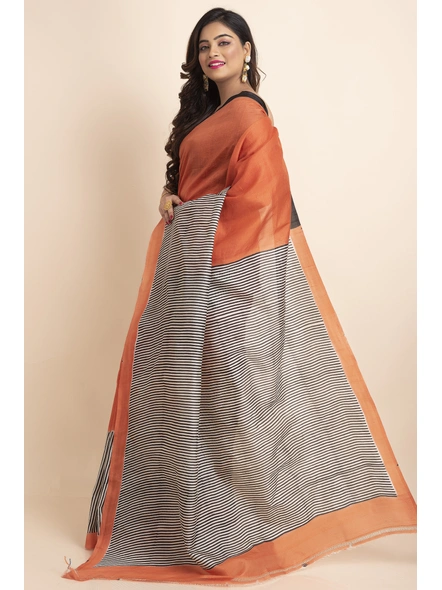 Orange Black Stripe Print Murshidabad Pure Silk Saree with Blouse Piece-Grey-Pure Silk-Free-Female-Adult-2