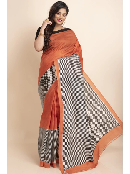 Orange Black Stripe Print Murshidabad Pure Silk Saree with Blouse Piece-Grey-Pure Silk-Free-Female-Adult-3