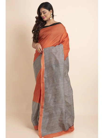 Orange Black Stripe Print Murshidabad Pure Silk Saree with Blouse Piece-Grey-Pure Silk-Free-Female-Adult-4