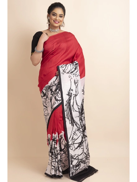 Red White Black Abstract Horse Print Murshidabad Pure Silk Saree with Blouse Piece-BHAAT-SS-003