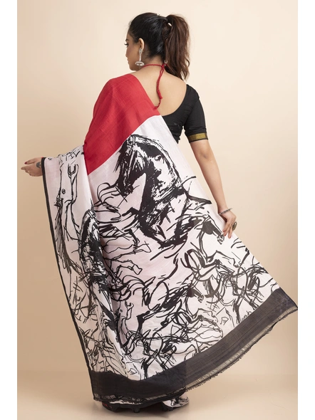 Red White Black Abstract Horse Print Murshidabad Pure Silk Saree with Blouse Piece-Red-Pure Silk-Free-Female-Adult-1