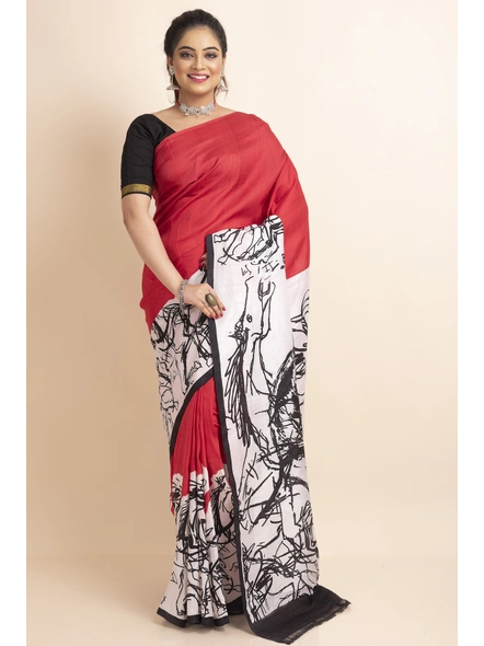 Red White Black Abstract Horse Print Murshidabad Pure Silk Saree with Blouse Piece-Red-Pure Silk-Free-Female-Adult-3