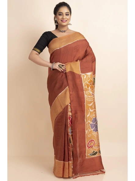 Rust Floral Batik Print Murshidabad Pure Silk Saree with Blouse Piece-BHAAT-SS-004