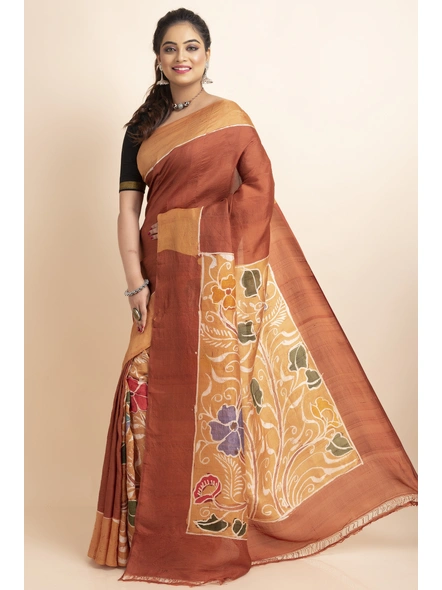 Rust Floral Batik Print Murshidabad Pure Silk Saree with Blouse Piece-Rust-Pure Silk-Free-Female-Adult-2