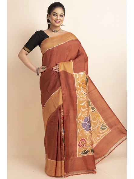 Rust Floral Batik Print Murshidabad Pure Silk Saree with Blouse Piece-Rust-Pure Silk-Free-Female-Adult-3