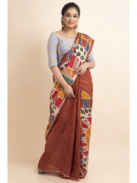 Rust Leaf Design Batik Print Murshidabad Pure Silk Saree with Blouse Piece-BHAAT-SS-005