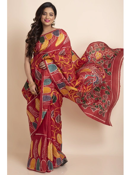 Red Floral Leaf Multicolor Batik Print Murshidabad Pure Silk Saree with Blouse Piece-BHAAT-SS-007