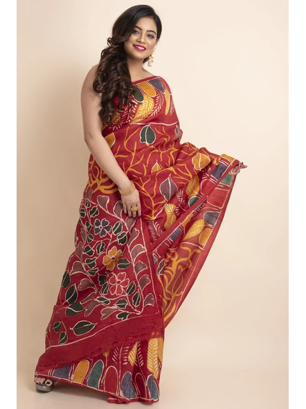 Red Floral Leaf Multicolor Batik Print Murshidabad Pure Silk Saree with Blouse Piece-Red-Pure Silk-Free-Female-Adult-3