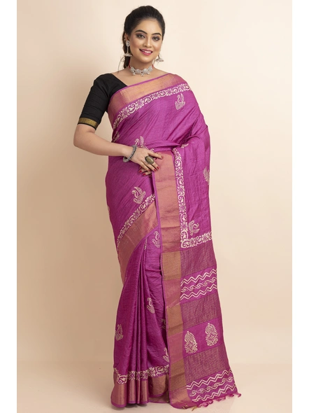 Pink Paisely Print Murshidabad Tussar Silk Saree with Blouse Piece-BHAAT-SS-008